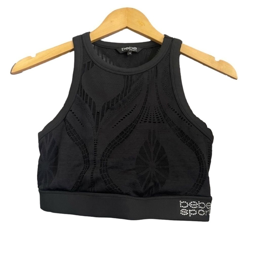 Bebe High Neck Sport Bra Top w Rhinestones Size M black